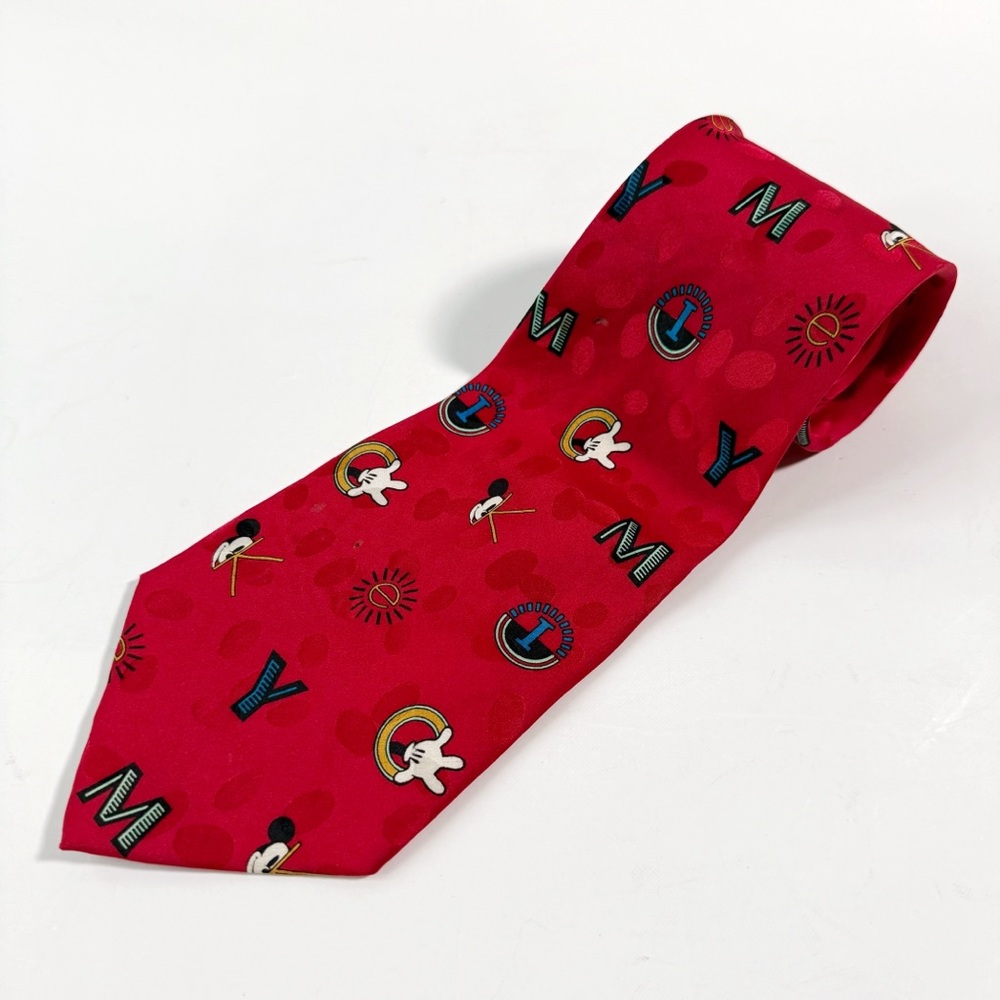 VTG 90s Disney Mickey Mouse Men Red 100% Silk Tie Retro Quirky Classic Party